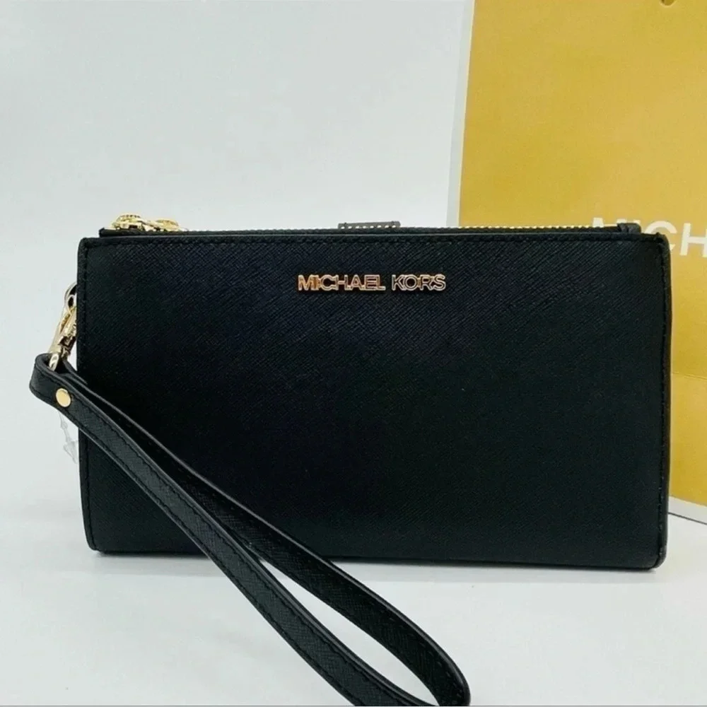 Michael Kors Large Double Zip Wallet Wristlet Black Leather